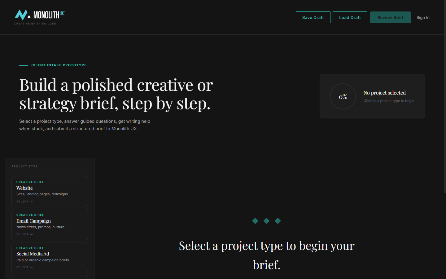 Creative & Strategy Brief Builder — project type selection