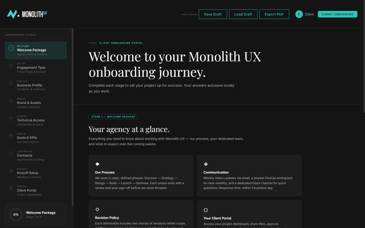Client Onboarding Dashboard — 9-stage journey view