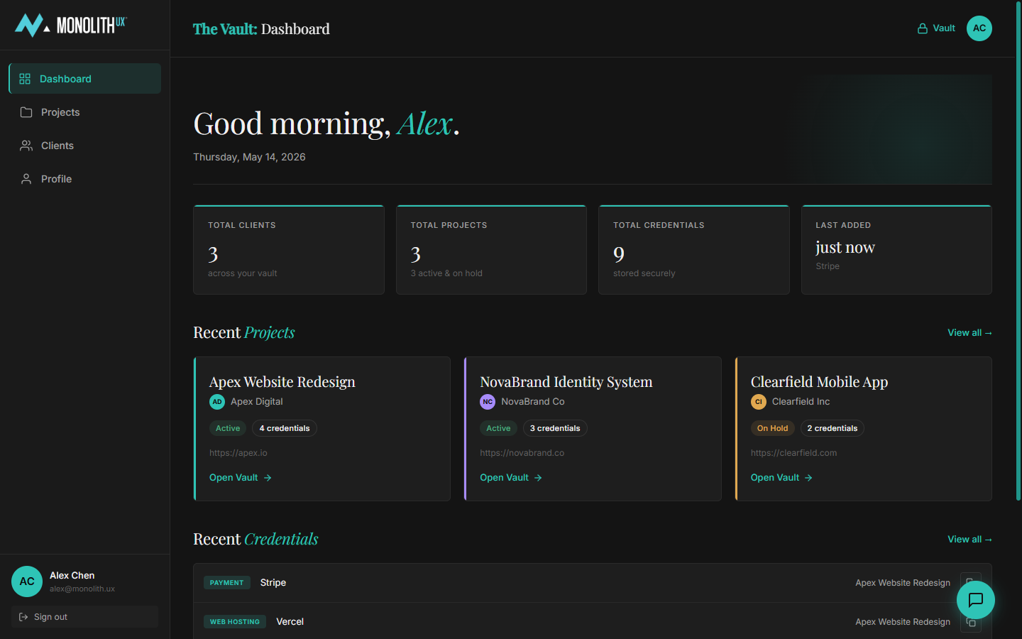Monolith UX Vault dashboard showing projects and credentials